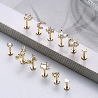 Knorpel Helix Ohrringe Set 16G Chirurgenstahl CZ Herz Stern Mond Blatt