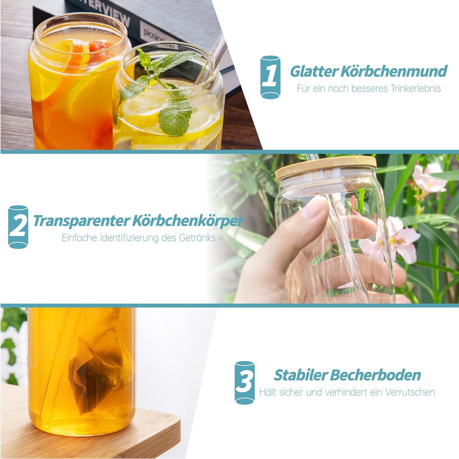 Cocktailgläser mit Deckel, Strohhalm, 6er Set Smoothie Bierdosen-Glas