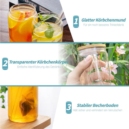 Cocktailgläser mit Deckel, Strohhalm, 6er Set Smoothie Bierdosen-Glas