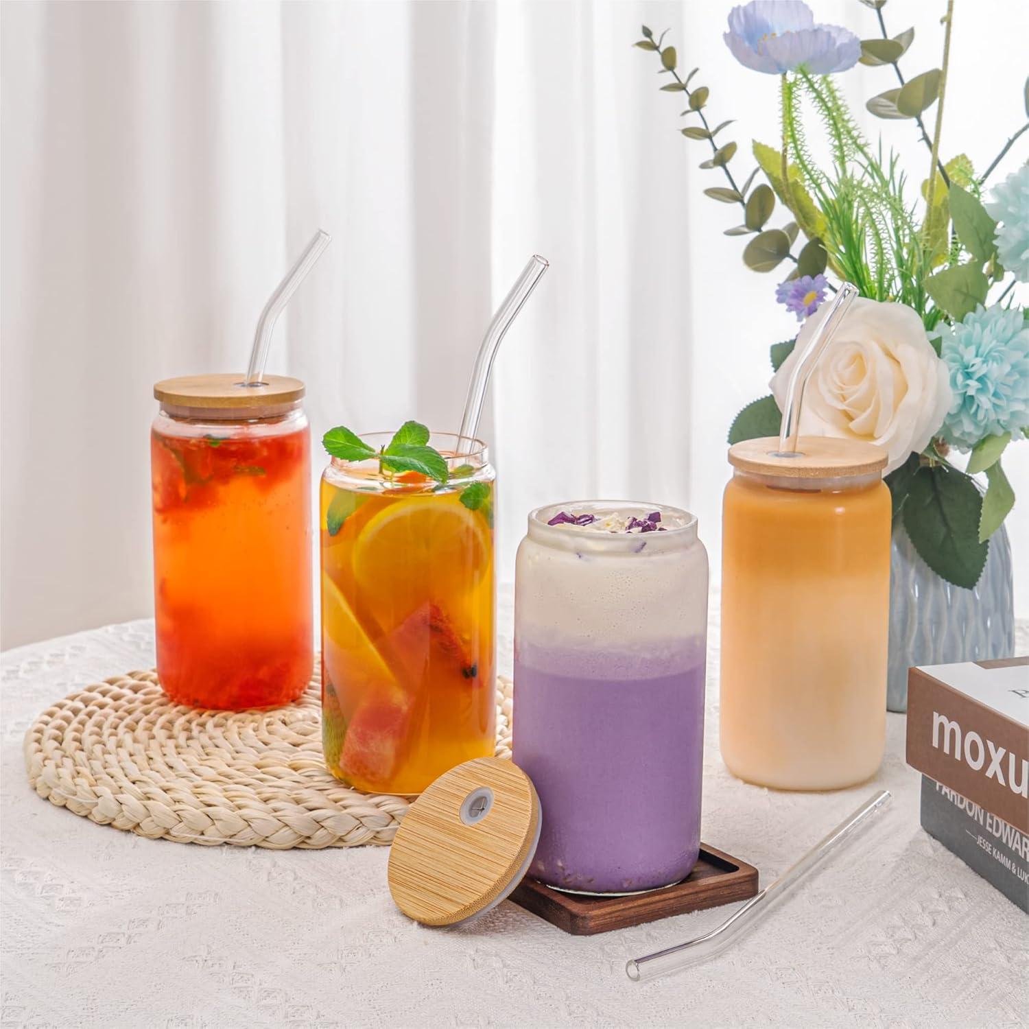 Cocktailgläser mit Deckel und Strohhalm, 6er-Set Smoothie Bierdosen Glas