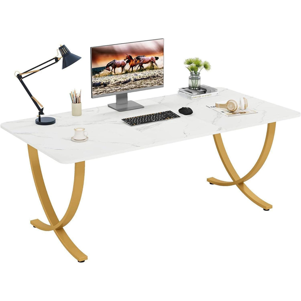 Moderner Schreibtisch Weiß & Gold | 160x80cm | PC-Tisch für Home Office
