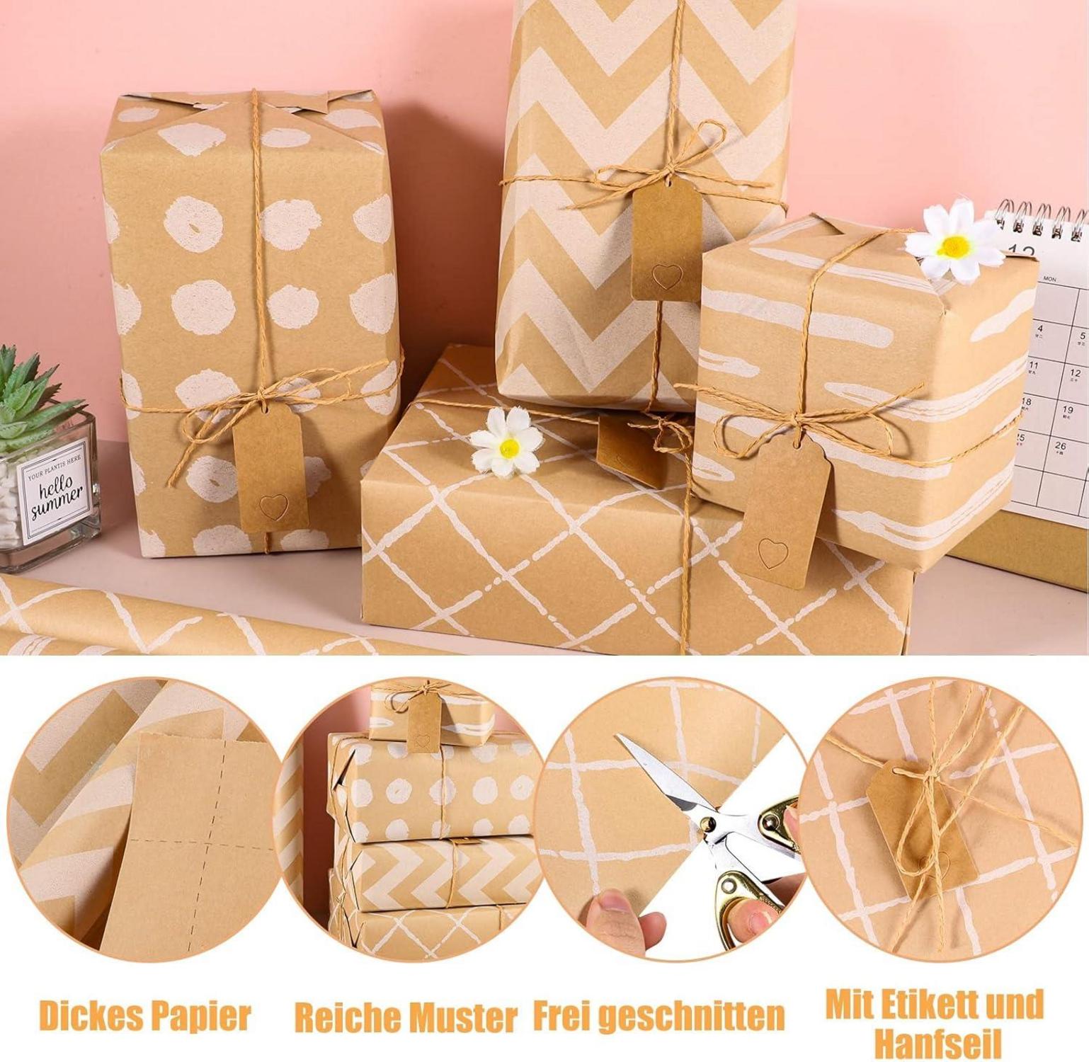 Geschenkpapier Hochzeit Kraftpapier Set 4 Rollen 43x300cm Weihnachten Geburtstag
