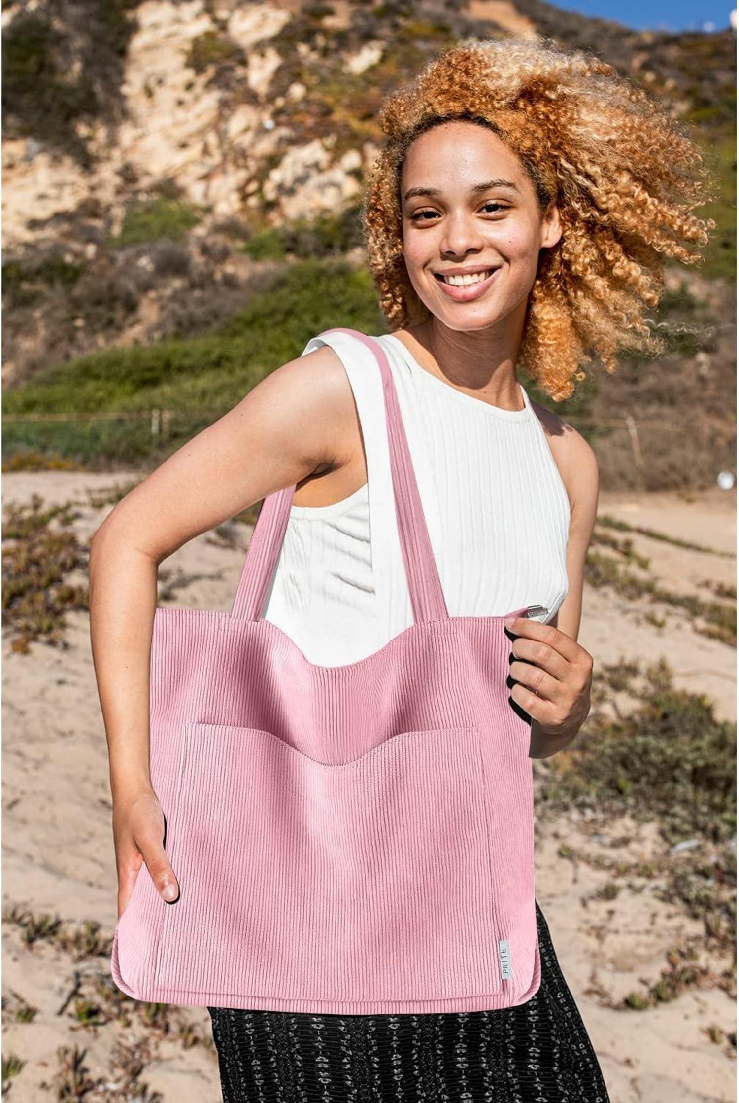 Damen Handtasche Groß Umhängetasche Cord Beuteltasche Rosa