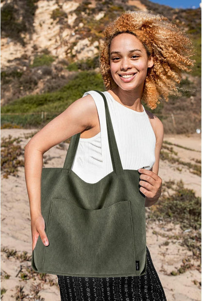 Große Damen Handtasche Tote Bag Shopper Cord Umhängetasche dunkelgrün