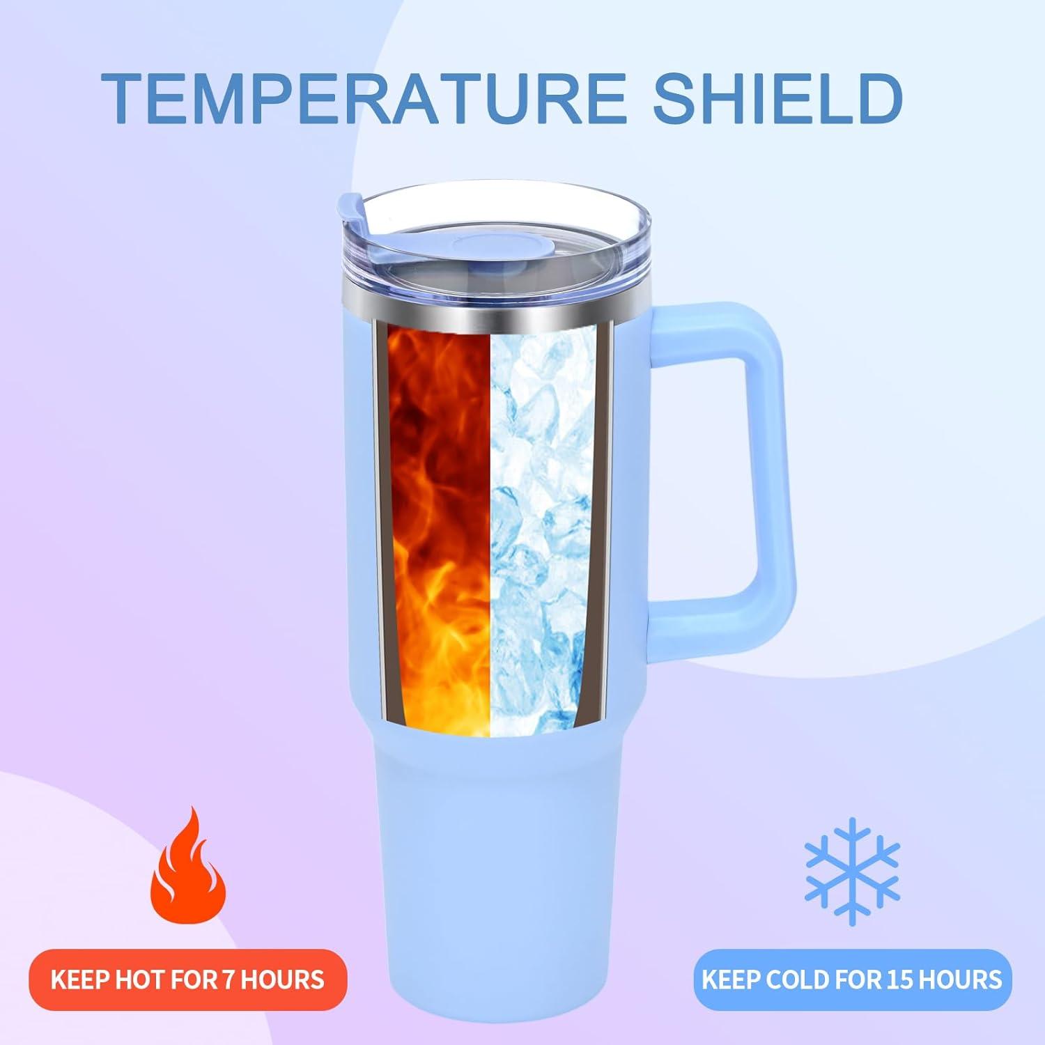 Trinkbecher 40oz Thermobecher mit Strohhalm und Henkel, Edelstahl, doppelwandig, Vakuum isoliert, Hellblau