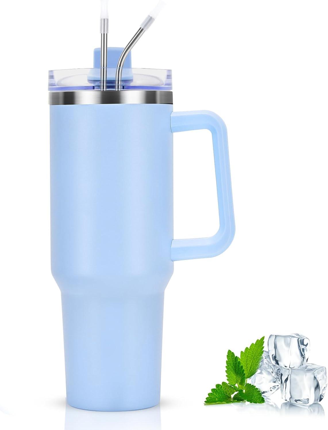 Trinkbecher 40oz Thermobecher mit Strohhalm und Henkel, Edelstahl, doppelwandig, Vakuum isoliert, Hellblau