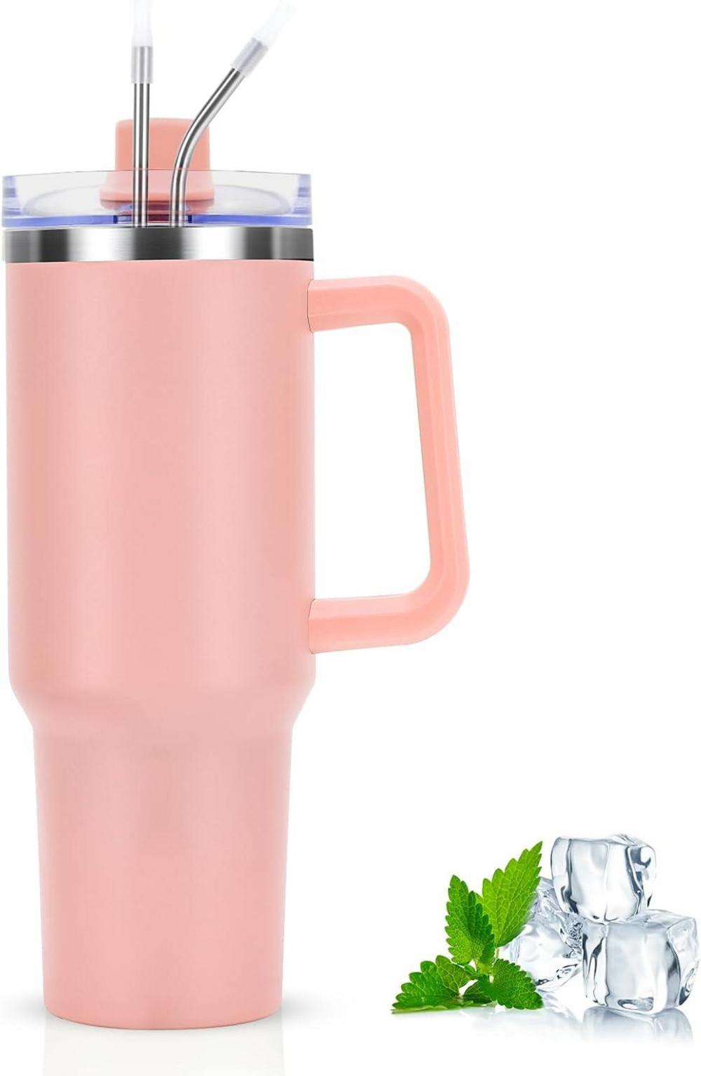 Livole 40 oz Edelstahl Thermobecher mit Strohhalm und Deckel Hellrosa