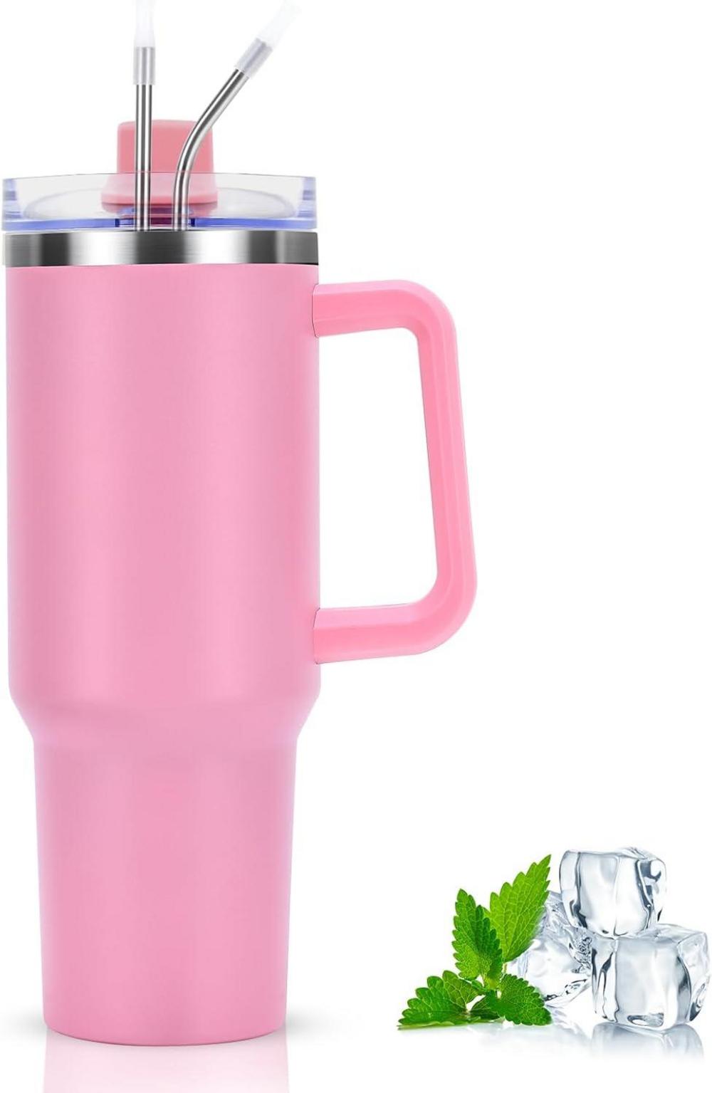 Livole 40oz Edelstahl Trinkbecher mit Deckel und Strohhalm, Rosa