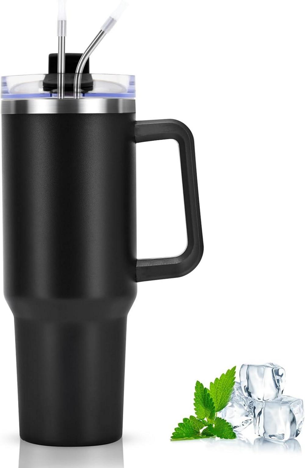 Livole 40oz Edelstahl Trinkbecher mit Deckel und Strohhalm, Schwarz