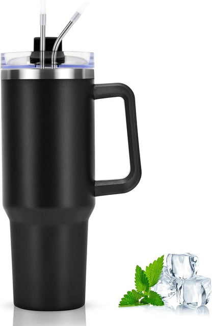 Livole 40oz Edelstahl Trinkbecher mit Deckel und Strohhalm, Schwarz