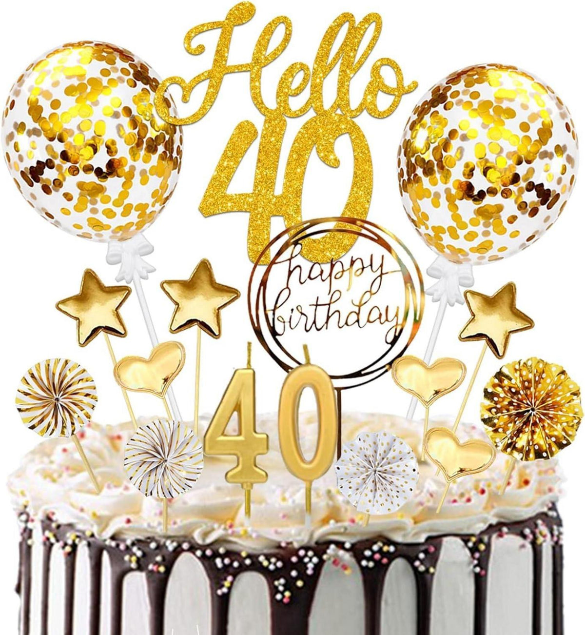 Tortendeko 40 Geburtstag Gold Hello 40 Cake Topper mit Kerzen