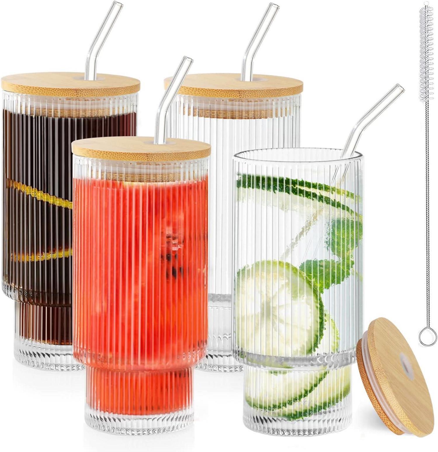 Cocktail Gläser Set 350ml mit Strohhalm Deckel Bürsten