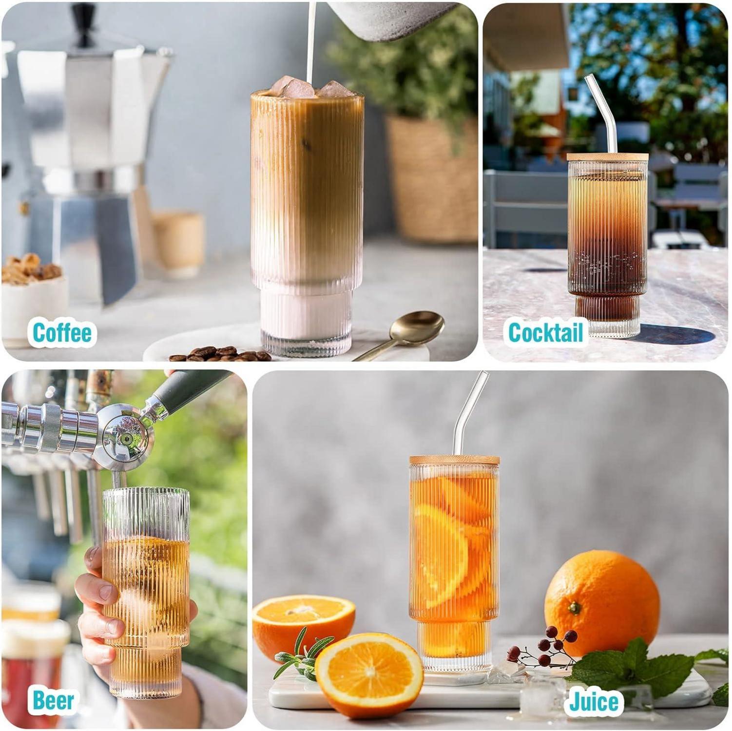 Cocktail Gläser Set 350ml Longdrinkglas Deckel Strohhalm