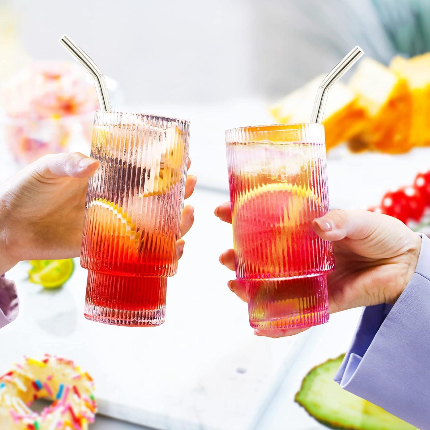 Cocktail Gläser Set 4er 350ml Longdrinkglas mit Deckel Strohhalm BürstenTransparent