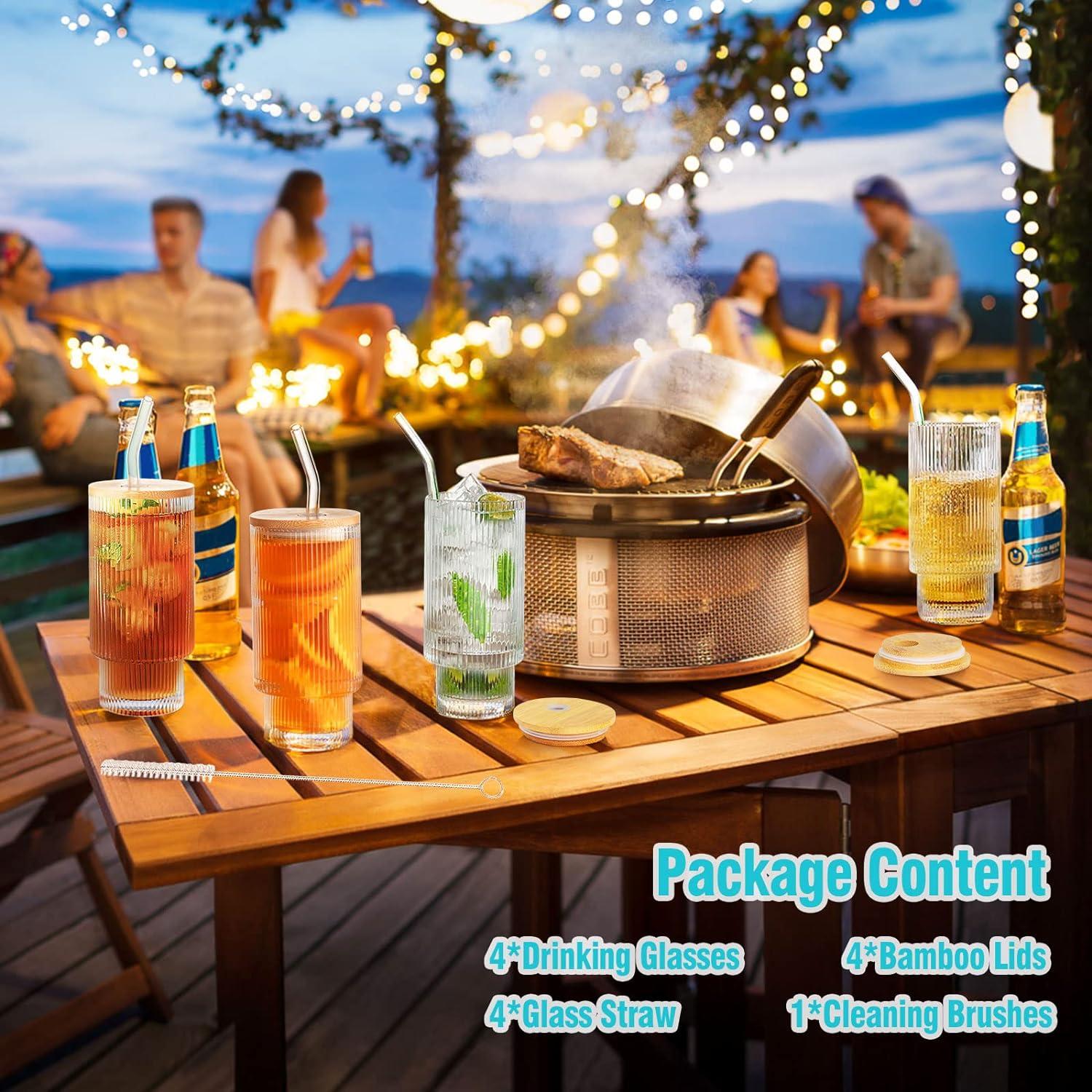 4er Cocktail Gläser Set 350ml mit Deckel, Strohhalm und Bürste