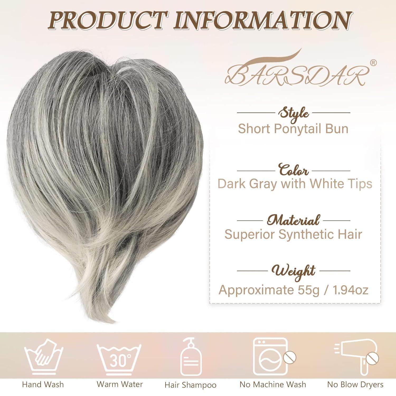 Hochwertige BARSDAR Haarteil Hair Extensions 20cm, Dunkelgrau mit weißen Spitzen