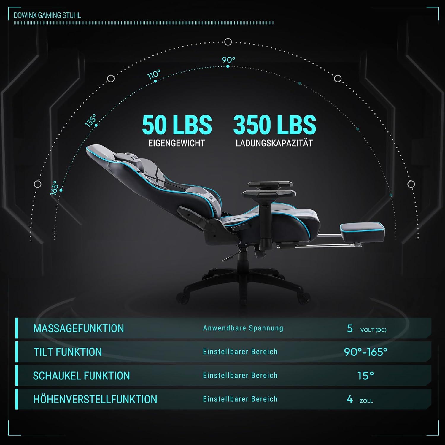 Ergonomischer Gaming Stuhl mit 4D Armlehnen und Fußstütze - Grau