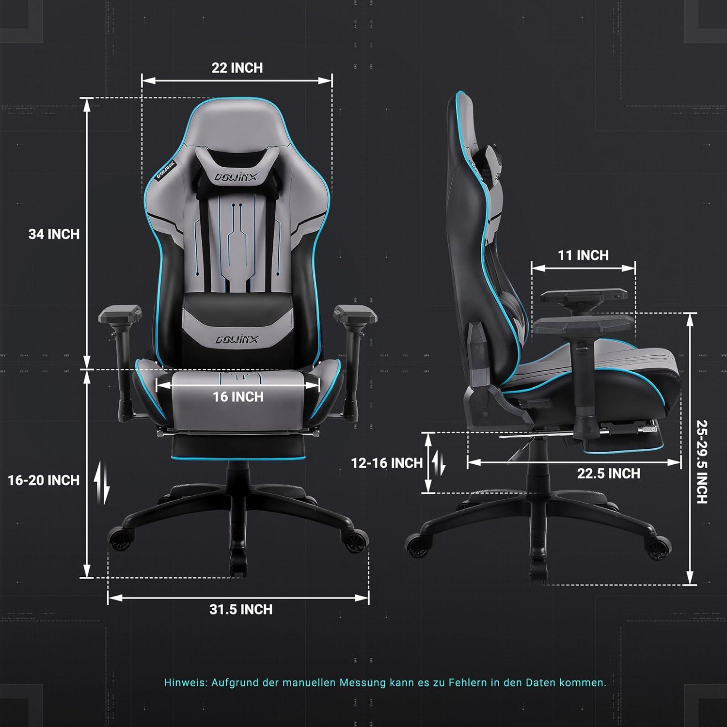 Dowinx Gaming Stuhl Bürostuhl mit Fußstütze 4D Armlehnen 150 kg Grau