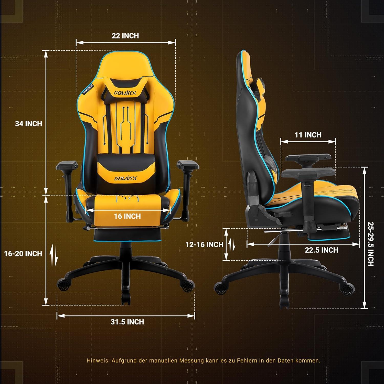 Gaming Stuhl mit 4D Armlehnen und Fußstütze - Gelb