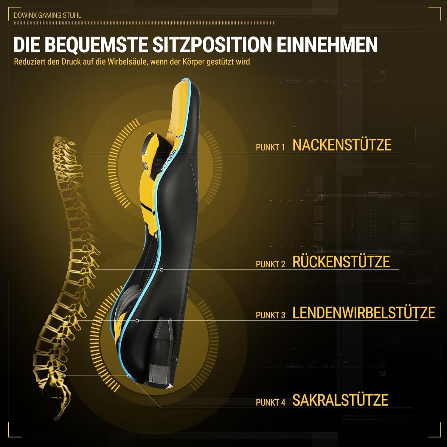 Gaming Stuhl Dowinx Bürostuhl 4D Armlehnen Fußstütze 150 kg Belastbarkeit Gelb