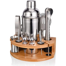 12 Teiliges Cocktail Shaker Set Edelstahl mit Bambusständer