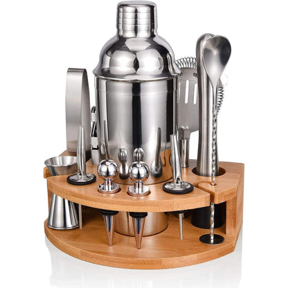 12 Teiliges Cocktail Shaker Set Edelstahl mit Bambusständer