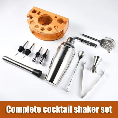 12 Teiliges Cocktail Shaker Set Edelstahl mit Bambusständer