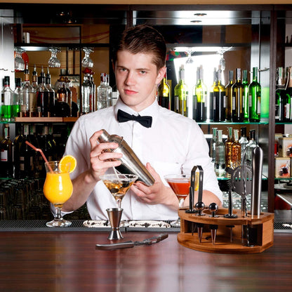 12 Teiliges Cocktail Shaker Set Edelstahl mit Bambusständer