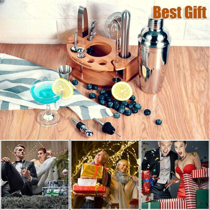 12 Teiliges Cocktail Shaker Set Edelstahl mit Bambusständer