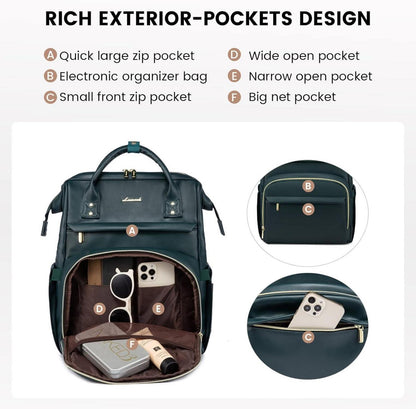 Damen Rucksack 15,6 Zoll Laptoptasche Wasserdicht USB Ladeanschluss PU Leder