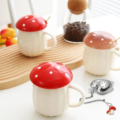 Niedliche Kawaii Pilz-Tasse Set mit Deckel für Kaffee Tee Mädchen Frauen