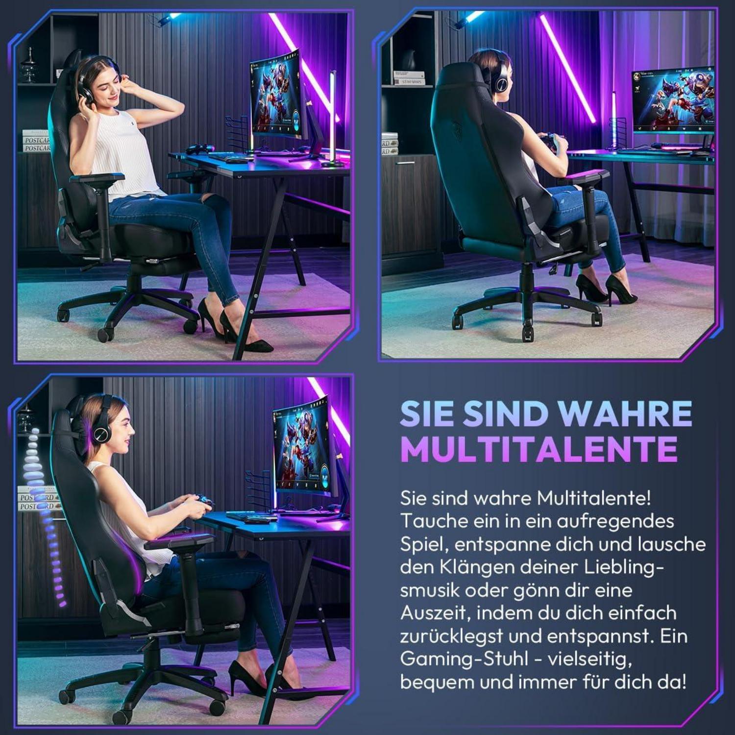 Dowinx Gaming Stuhl Bürostuhl 4D Armlehne Ergonomisch PU Leder Fußstütze Schwarz