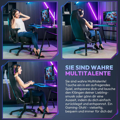 Dowinx Gaming Stuhl Bürostuhl 4D Armlehne Ergonomisch PU Leder Fußstütze Schwarz