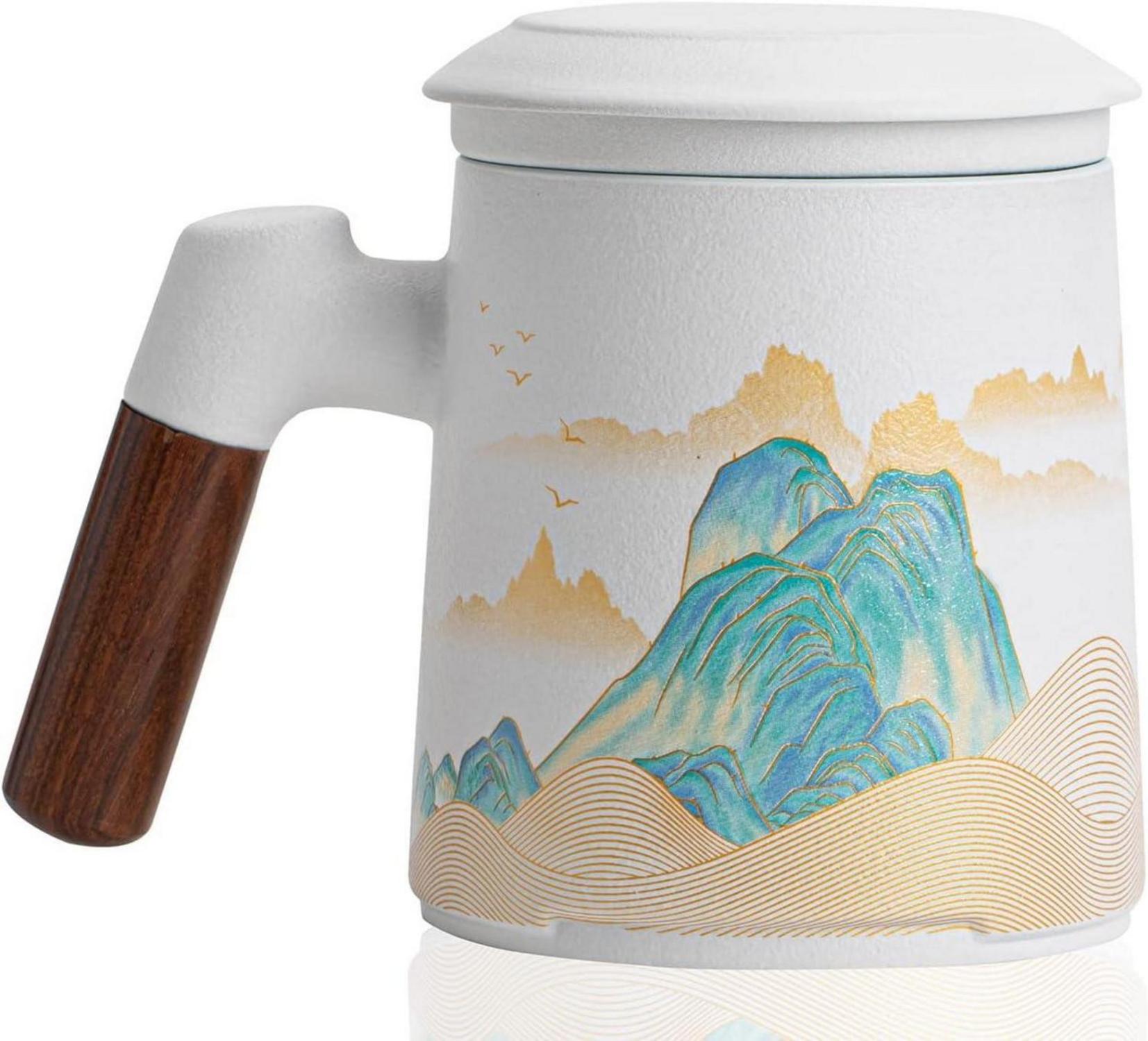 Keramik Teetasse mit Teesieb und Deckel, handbemalt, 400ml