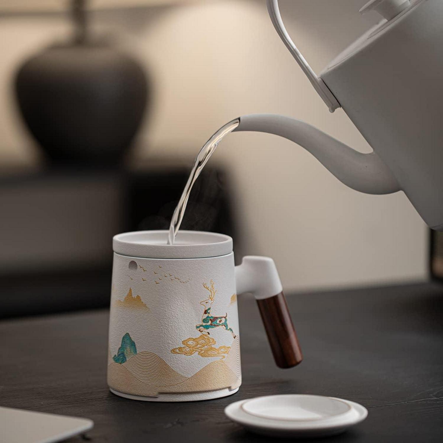 Keramik Teetasse mit Teesieb und Deckel, handbemalt, 400ml