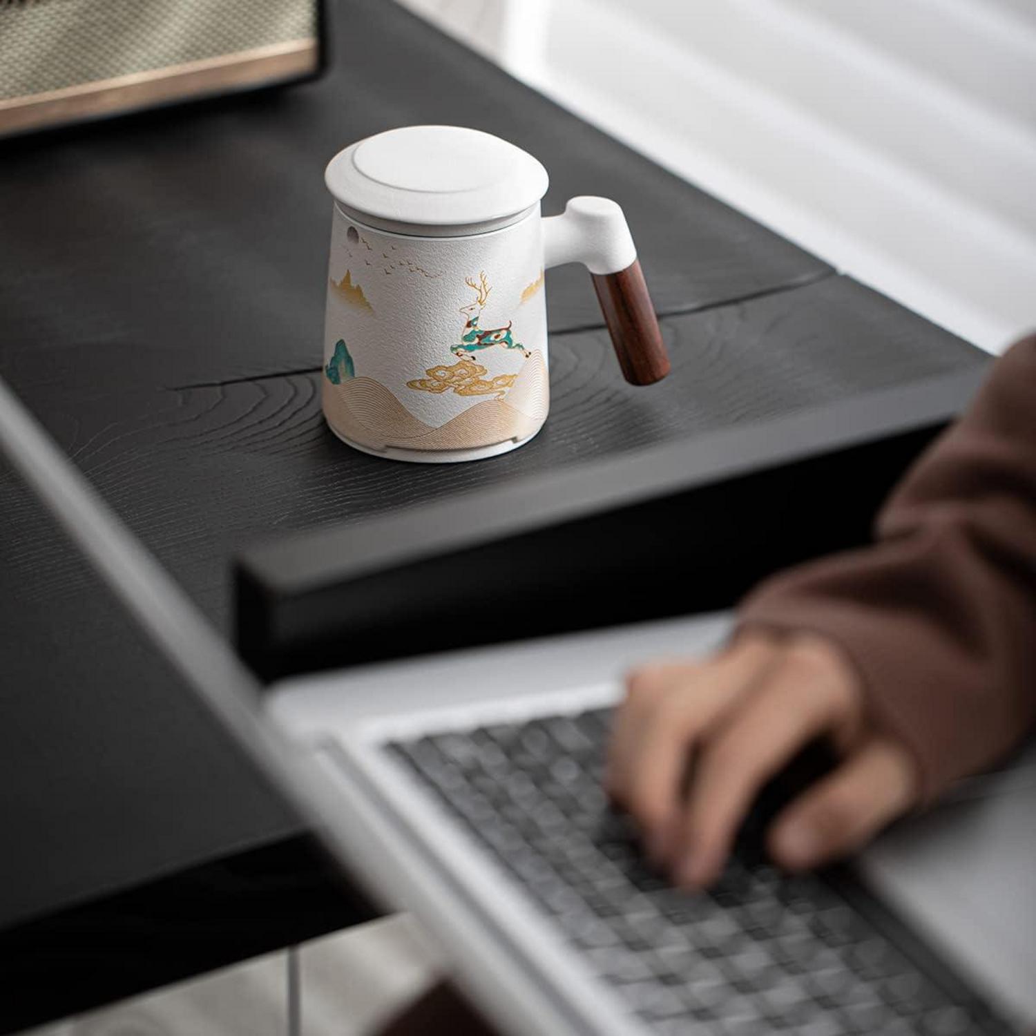 Keramik Teetasse 400ML mit Teesieb, Deckel handbemalt