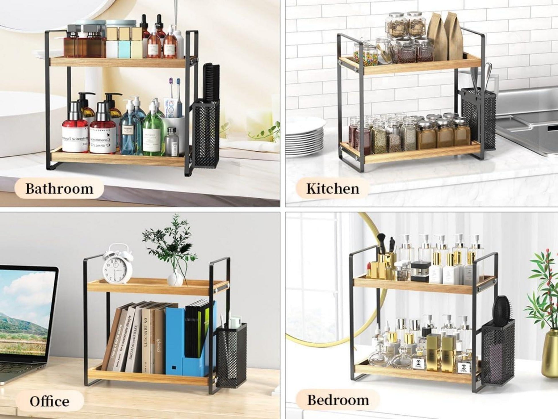 Holz Badezimmer Organizer mit Seitlichem Korb und Stabilem Metall