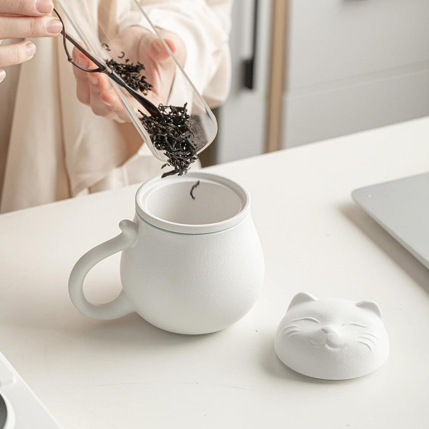Keramik Teetasse mit süßem Katzen Design und Teesieb