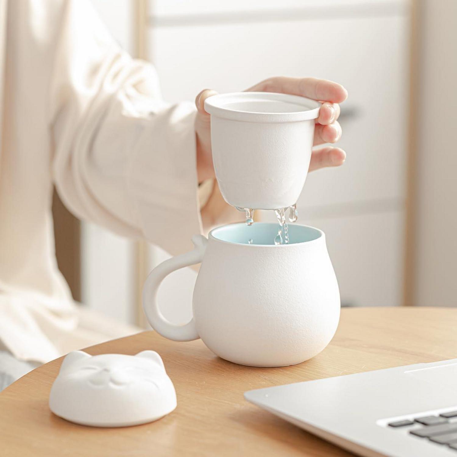 Katzen Design Keramik Teetasse mit Teesieb 13.5oz Deckel Geschenk