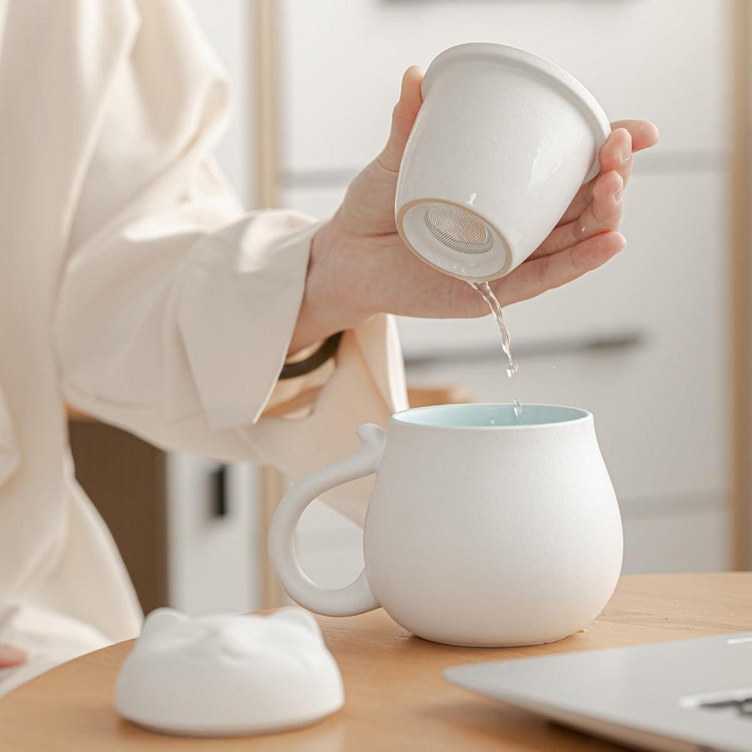 Katzen Design Keramik Teetasse mit Teesieb 13.5oz Deckel Geschenk