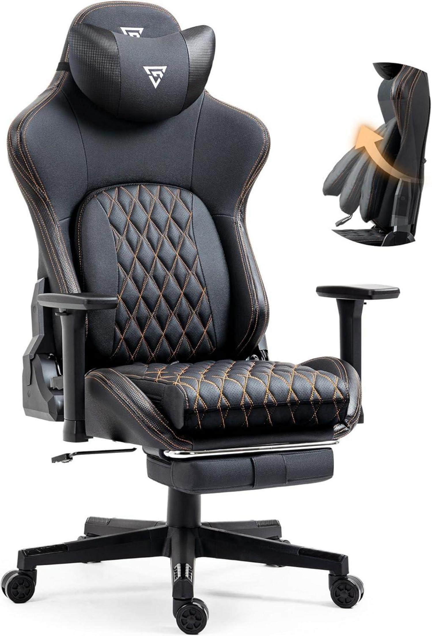 Ergonomischer Gaming Stuhl mit Fußstütze und 3D Armlehnen, 180 kg