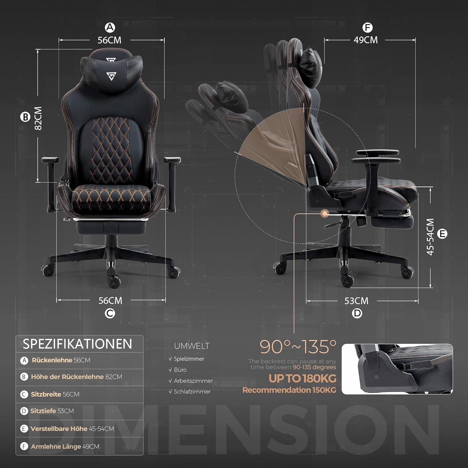 Ergonomischer Gaming Stuhl mit Fußstütze und 3D Armlehnen, 180 kg