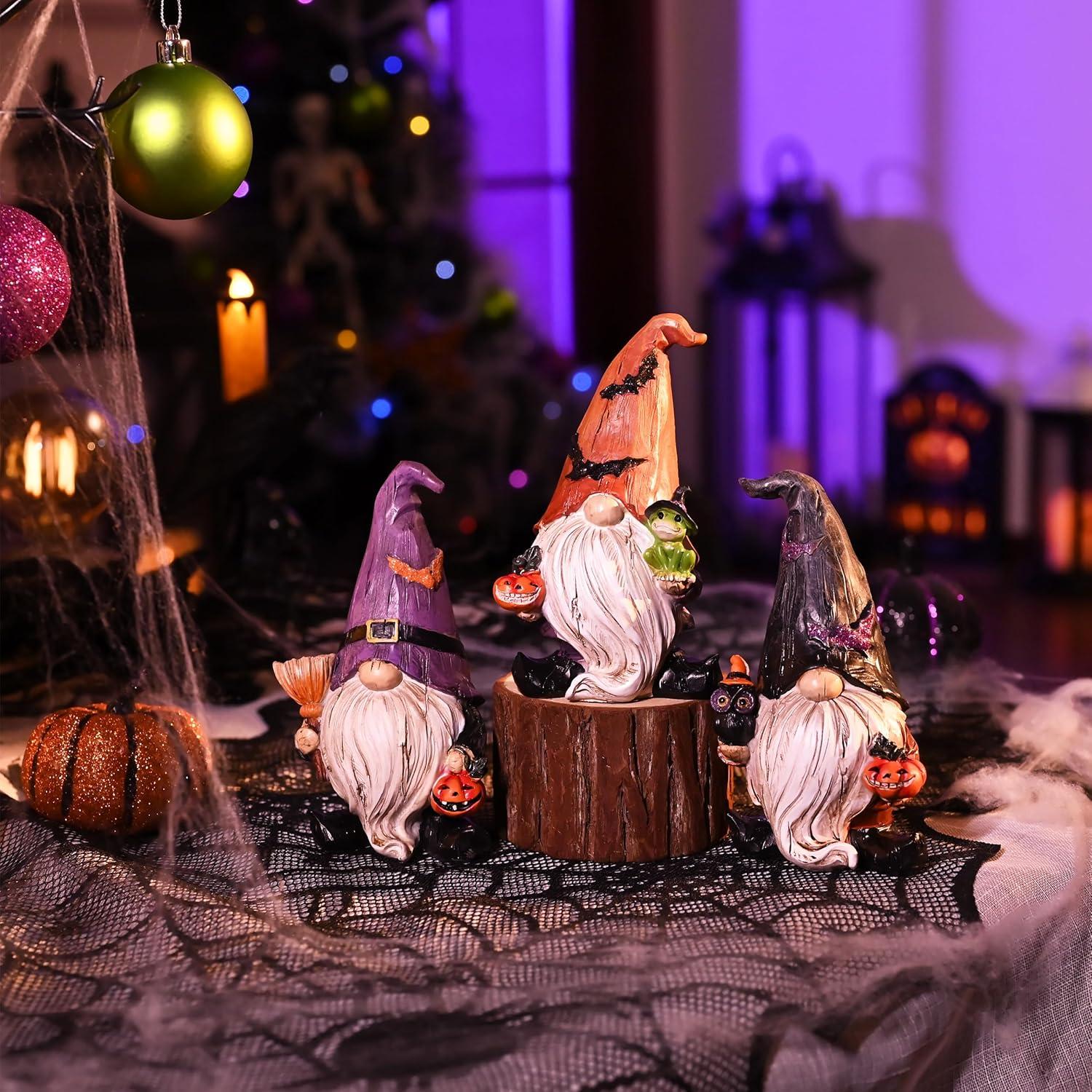 3er Set Halloween Deko Statuen mit Kürbis und Besen - Harz Ornamente Halloween Figuren