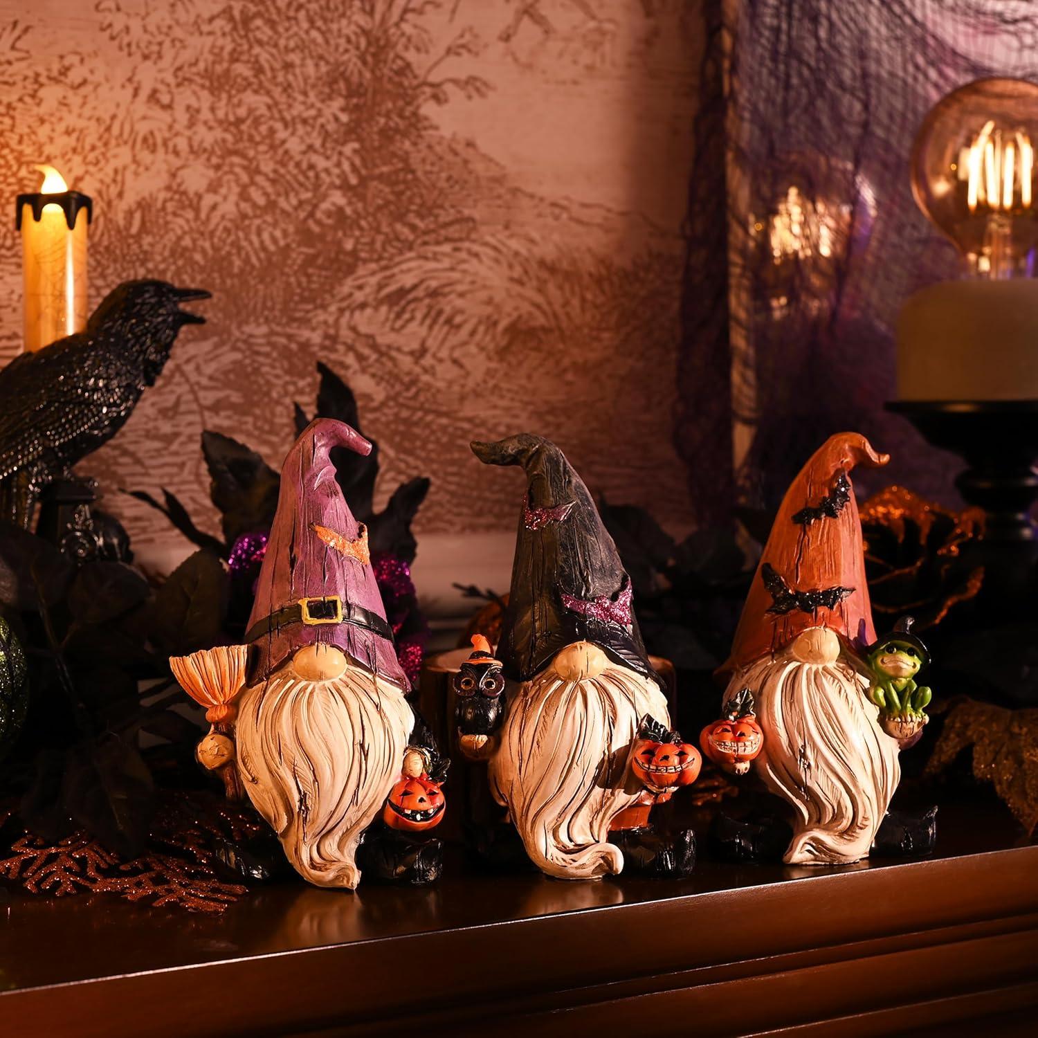 Halloween Deko Statuen Kürbis Besen 3er Set Harz Ornamente