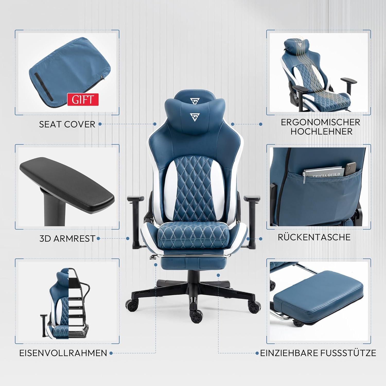 Gaming Stuhl mit Fußstütze, 3D Armlehnen, Ergonomisch, 180 kg Belastbarkeit, Blau