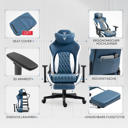 Gaming Stuhl mit Fußstütze, 3D Armlehnen, Ergonomisch, 180 kg Belastbarkeit, Blau