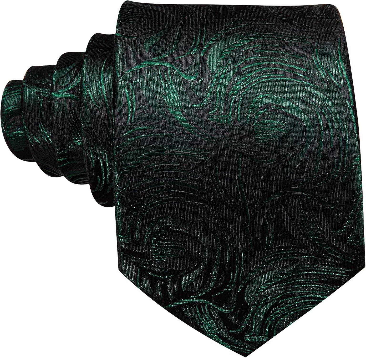 Herren Krawatte Set Seide Blumenmuster Manschettenknöpfe Einstecktuch Schwarz