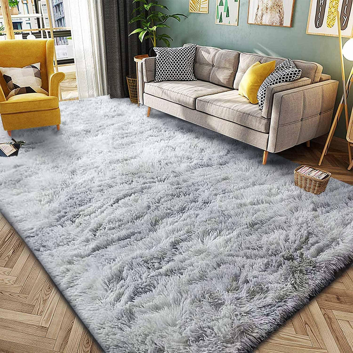 Hochflor Teppich Grau Weiß 250x300 cm, Flauschig & Rutschfest