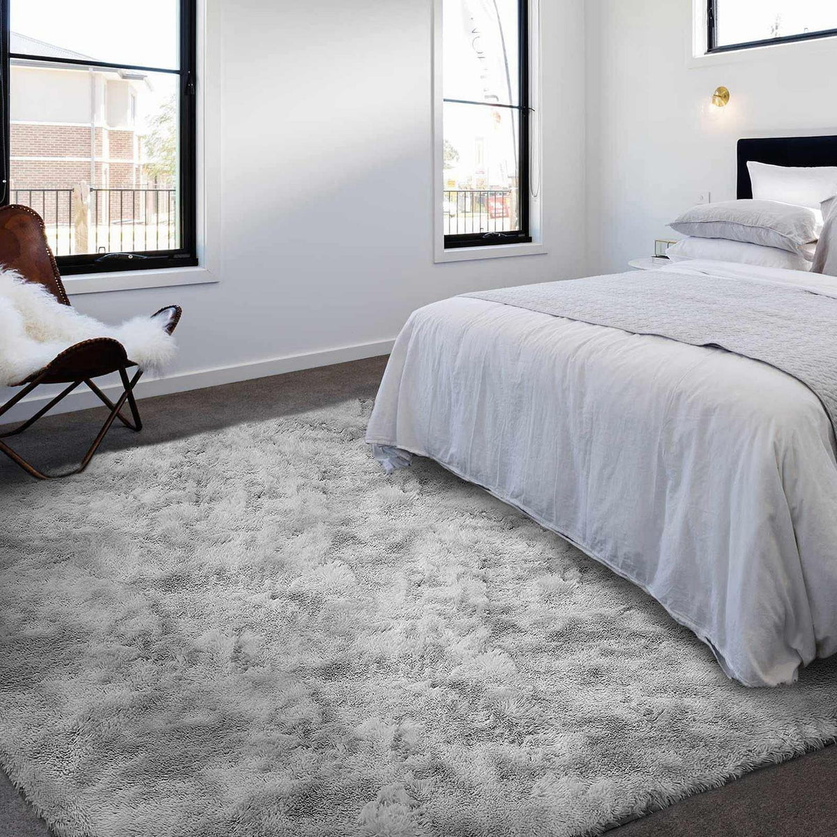 Hochflor Teppich Grau Weiß 250x300 cm, Flauschig & Rutschfest