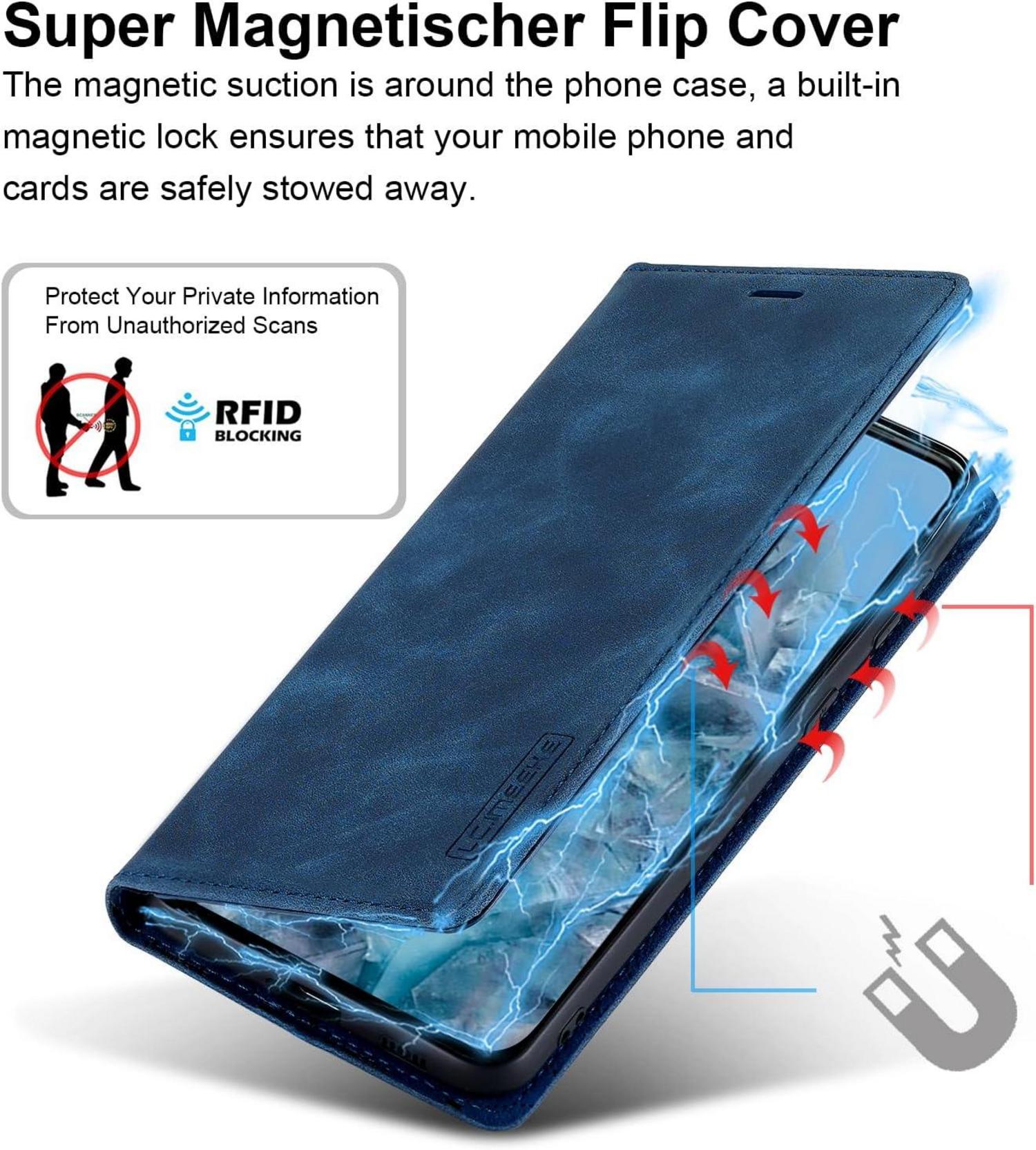 Google Pixel 8 Pro Hülle Leder Stoßfeste Klapphülle Blau mit